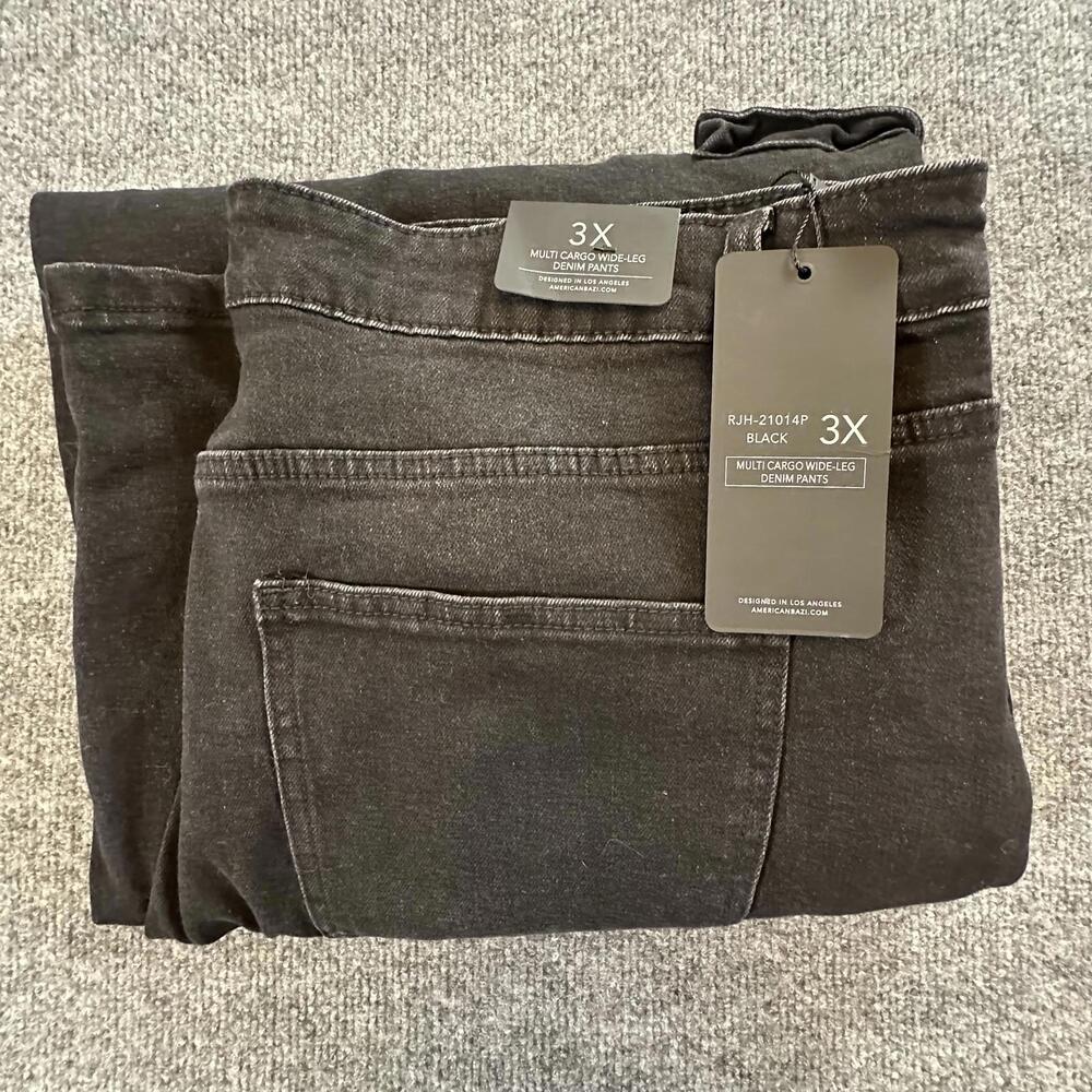 American Bazi Mens 3X Black Multi Cargo Wide Leg Denim Pants RJH-21014P NWT #0-6